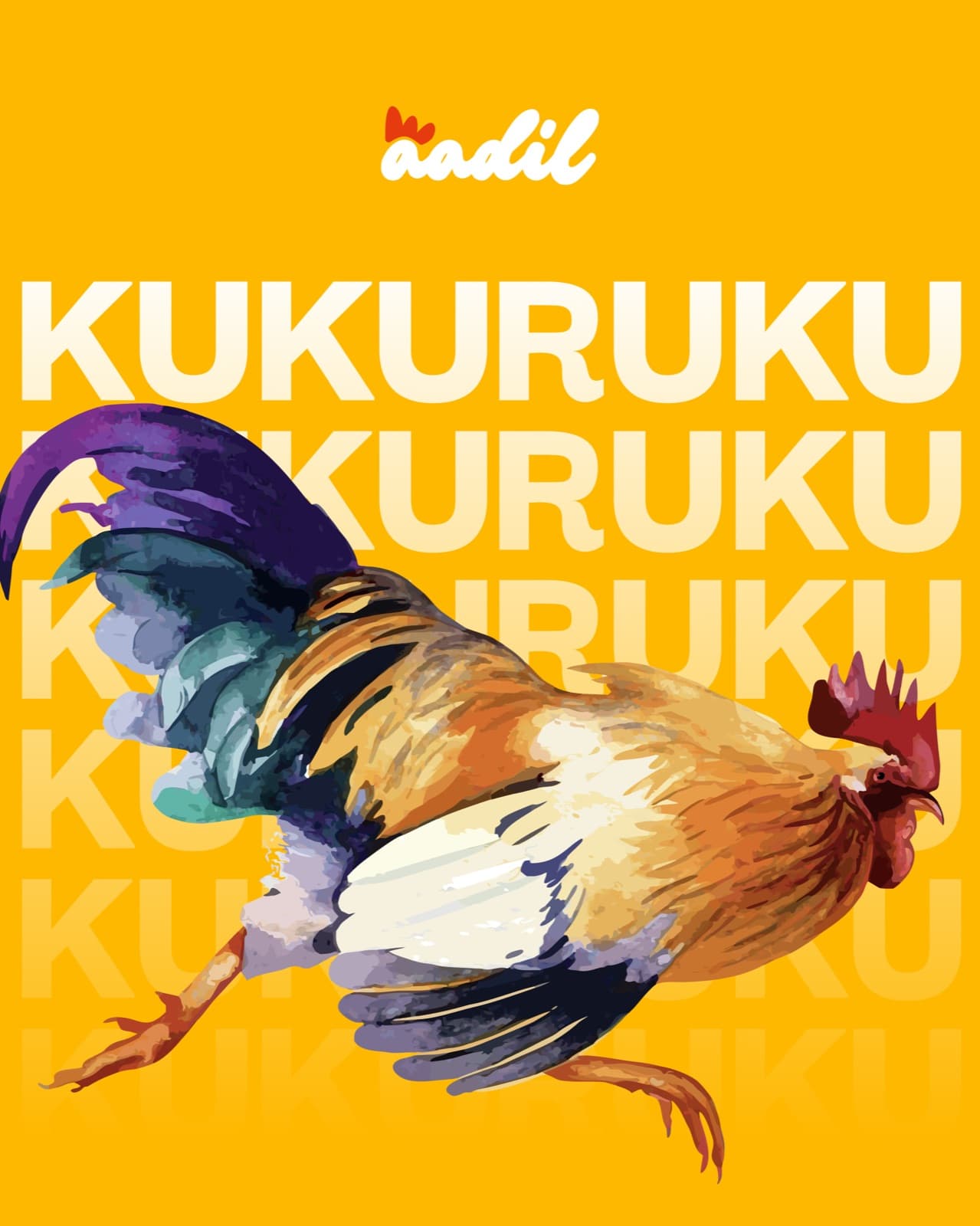 KUKURUKU repeated behind a watercolour rooster illustration
