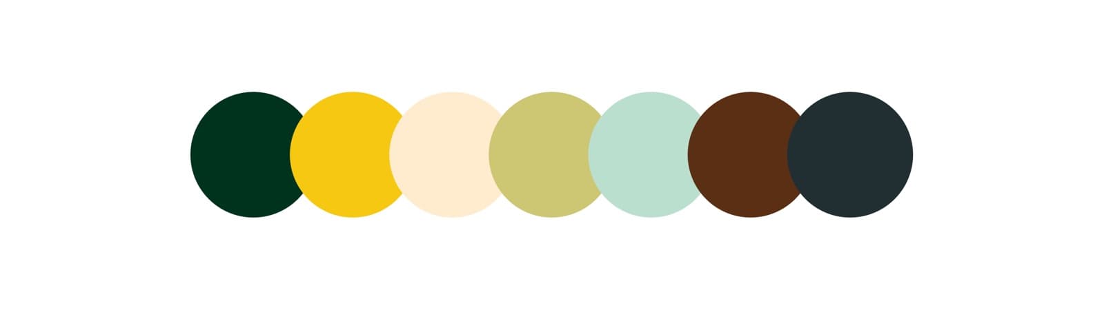 Seven-colour palette as circles: forest, gold, cream, olive, mint, cocoa, charcoal