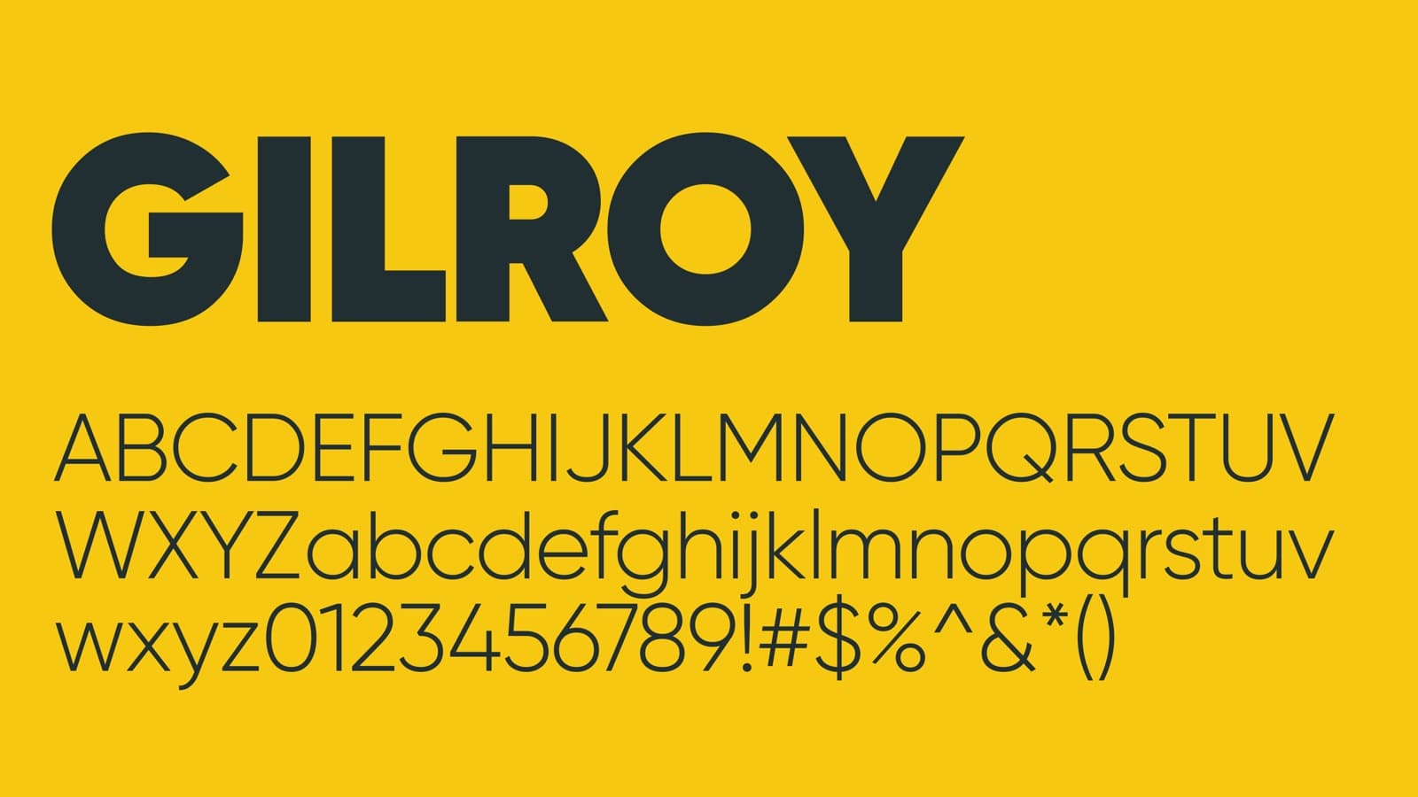 Gilroy typeface specimen set in charcoal on gold