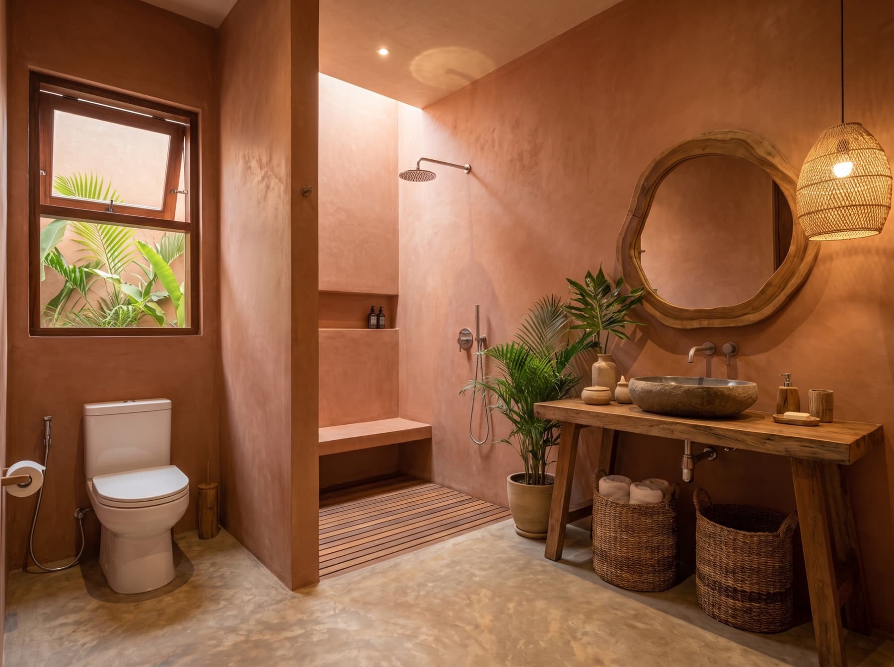 Bathroom with organically-shaped timber mirror, stone basin and window onto planting