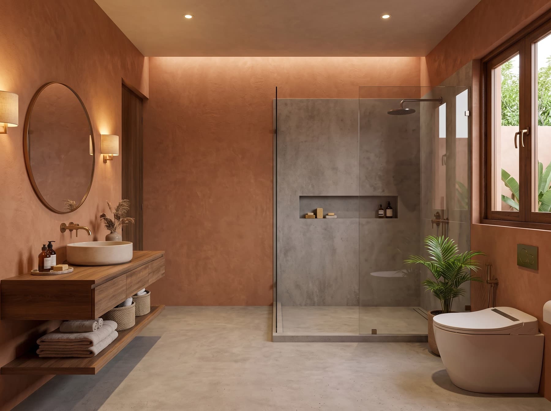 Bathroom with floating timber vanity, round mirror, wall sconces and glazed concrete shower