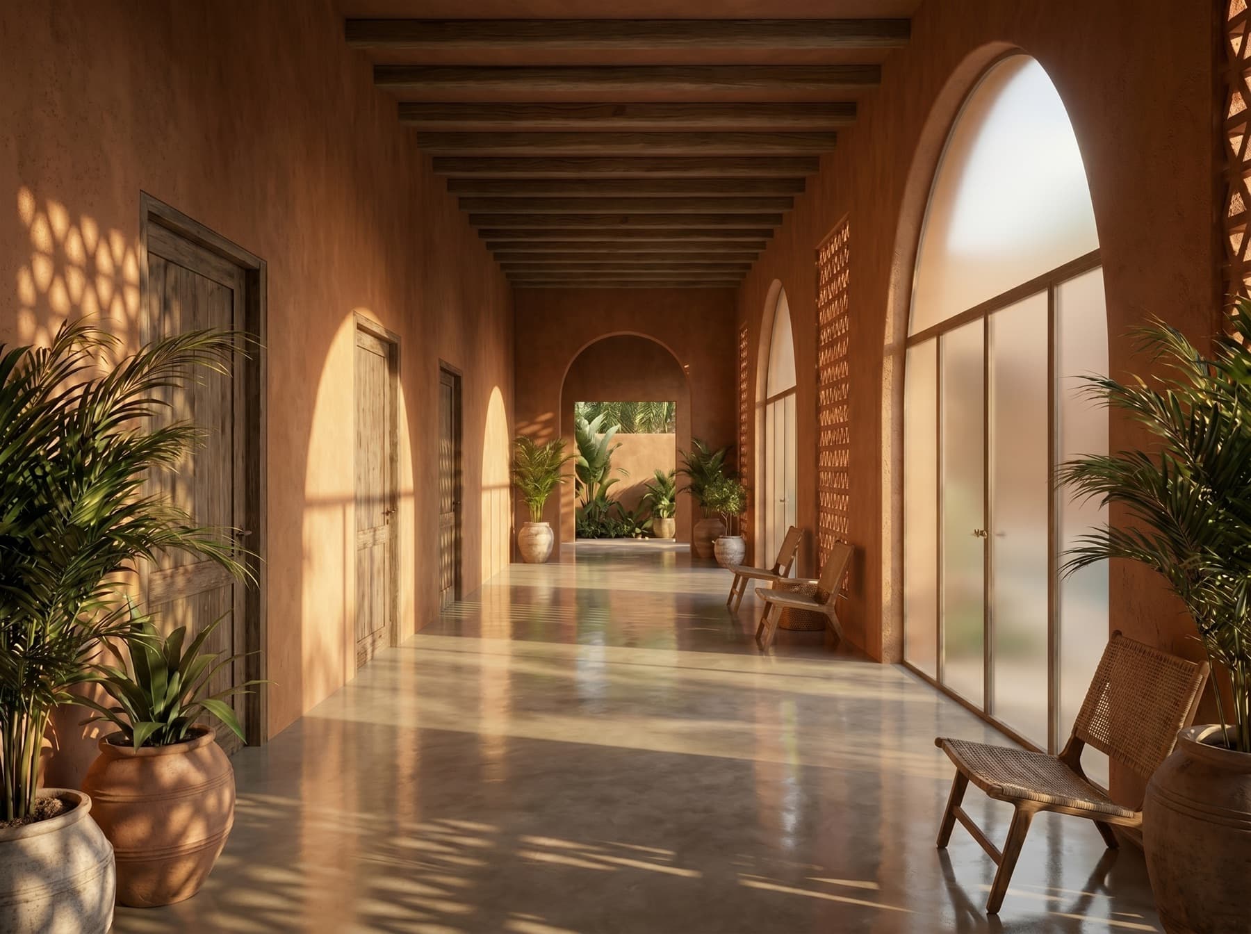 Exterior corridor with timber beams, arched openings and lattice screens casting patterned shadow