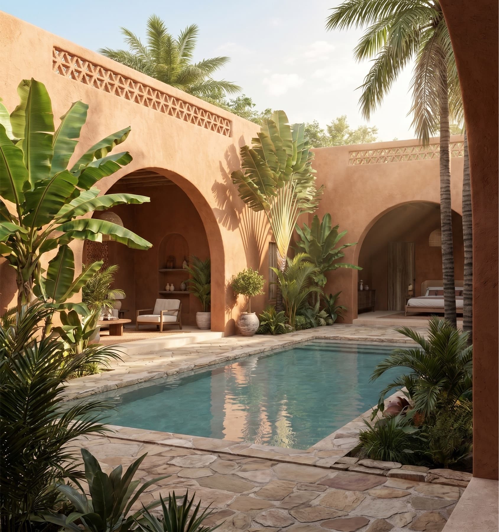 Gidan Kasa: earthen courtyard with pool, arched openings and palms