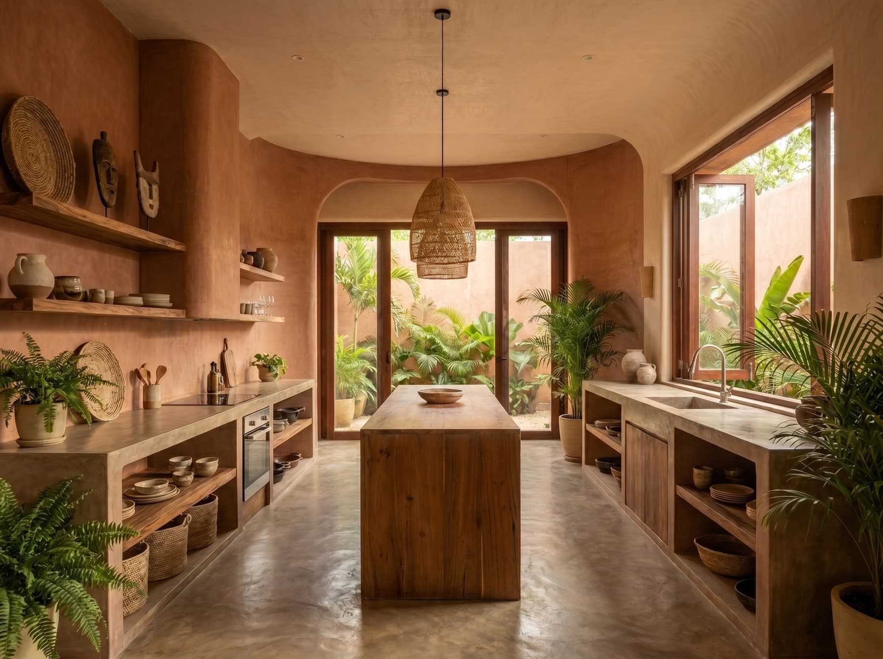Galley kitchen with poured concrete counters, timber island and garden doors