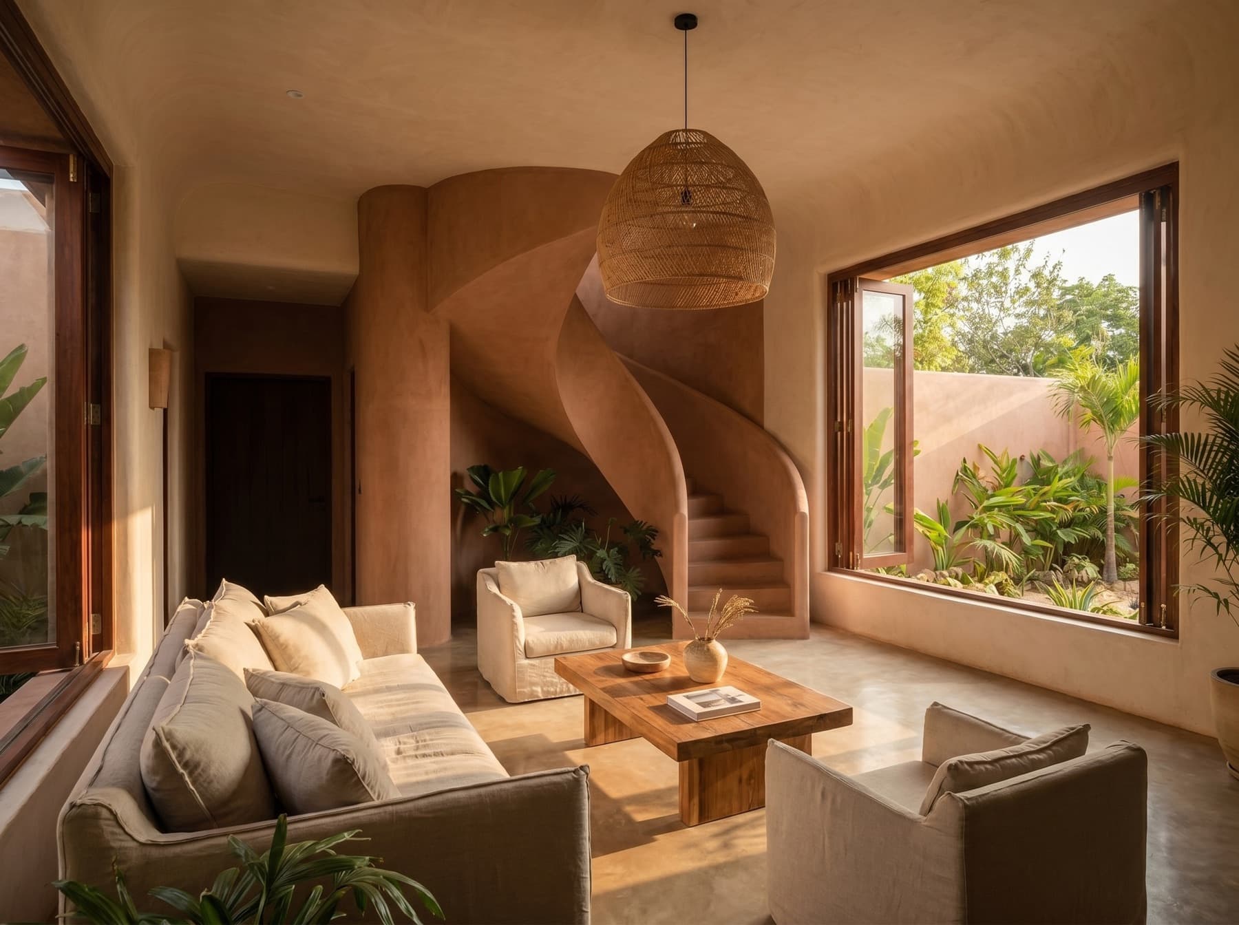 Wide view of the living room: linen sofa, timber coffee table, curved clay stair and garden beyond