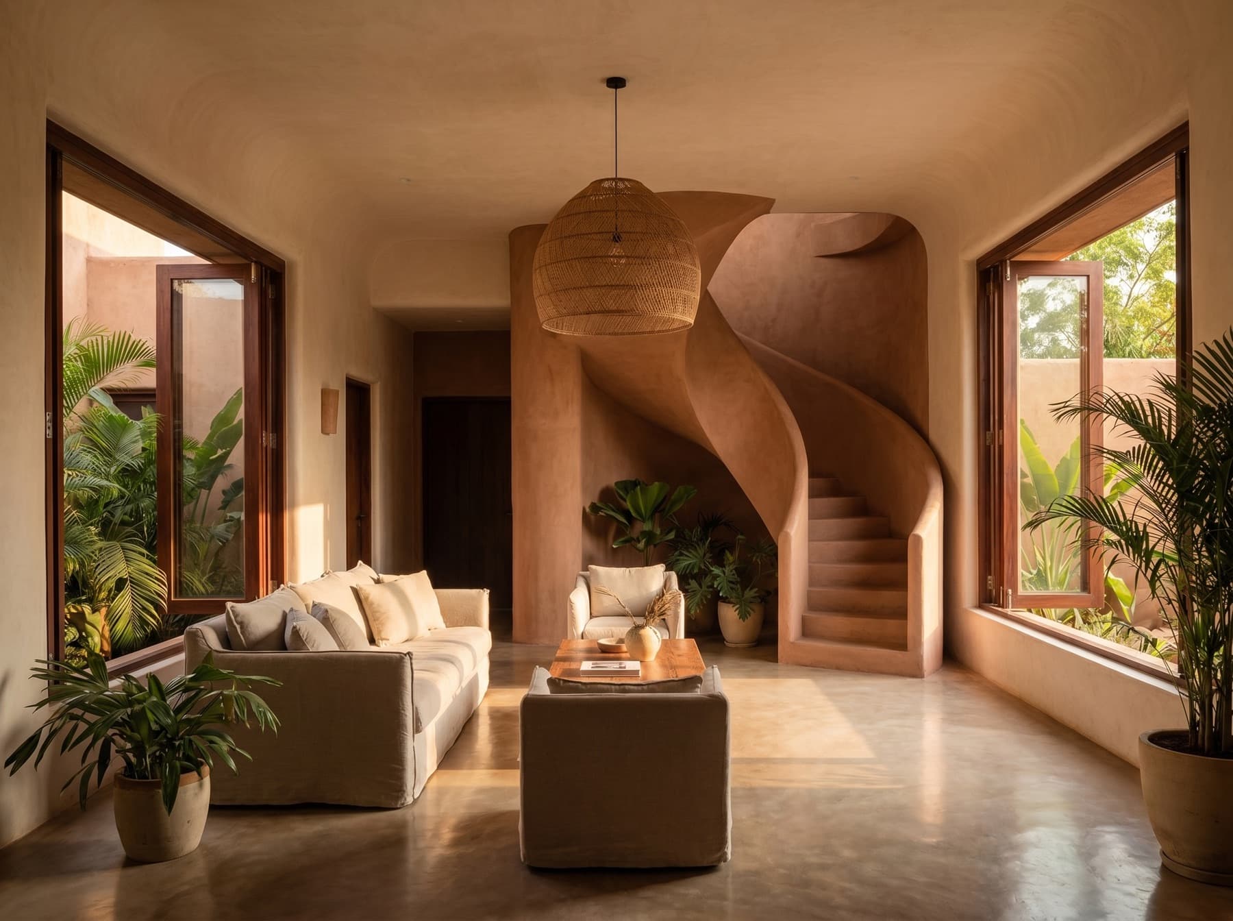 Living room with sculptural curved staircase, woven pendant light and full-height windows