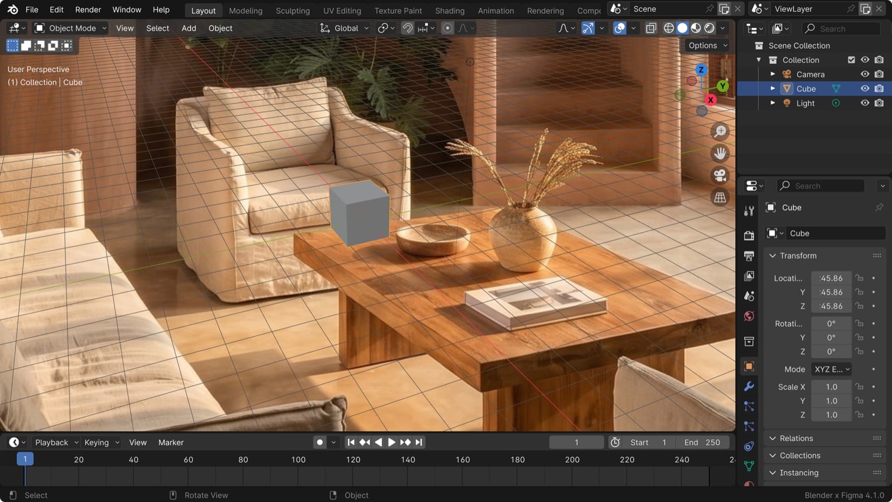 3D software viewport showing the living room scene under construction