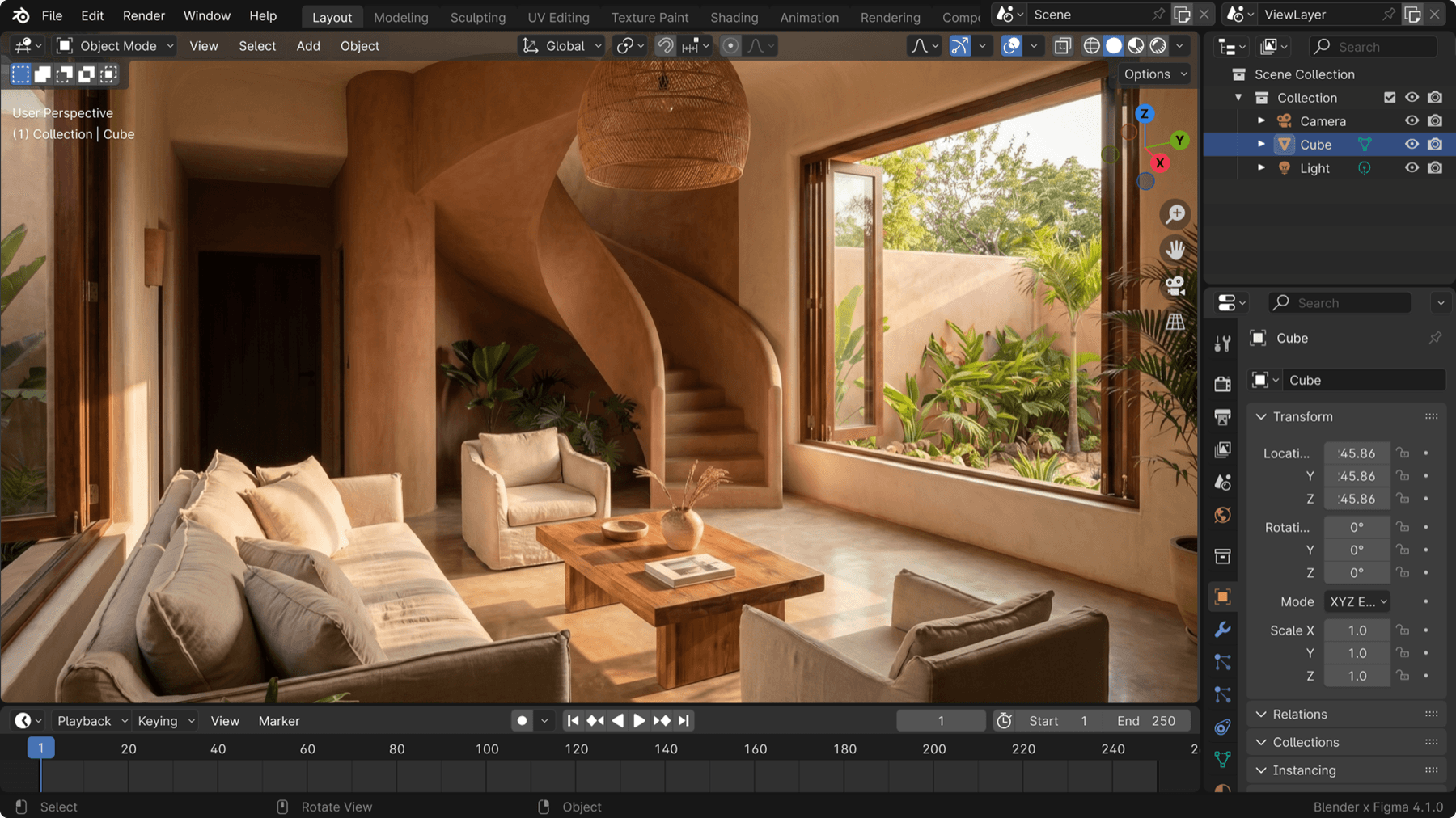 3D software viewport with timeline and outliner, testing the lighting of the interior scene