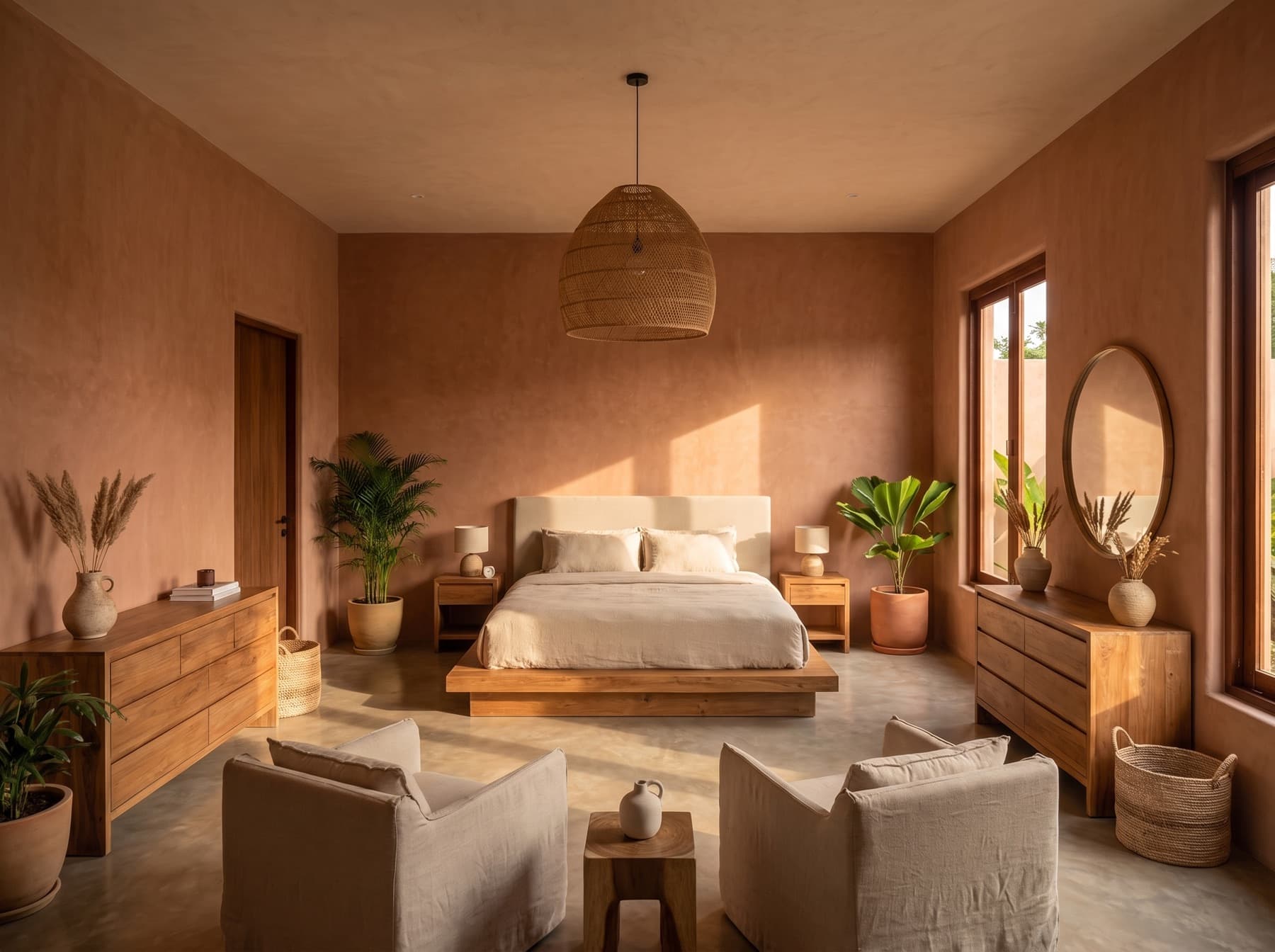 Second bedroom with linen armchairs, timber sideboards and afternoon light across the clay wall